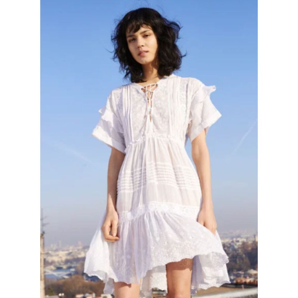 THE KOOPLES Women's Broderie Anglaise Dress Size Large Boho Flowy 100% Cotton